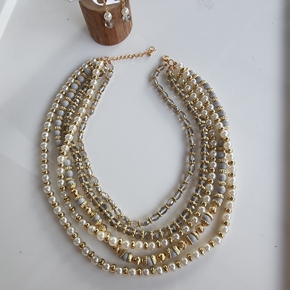 NEW Gray Gold Pearl Beaded Multi Layered Statement Necklace - Picture 7 of 8